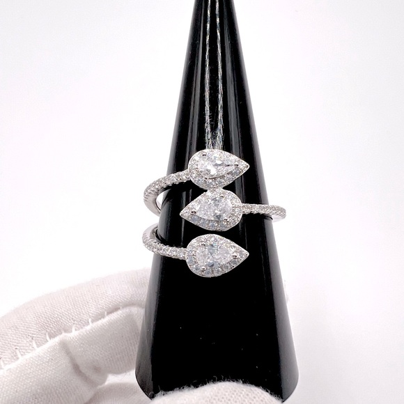 Halo Triple Pear .925 Sterling Silver Wrap Design Cz Ring - Picture 4 of 15